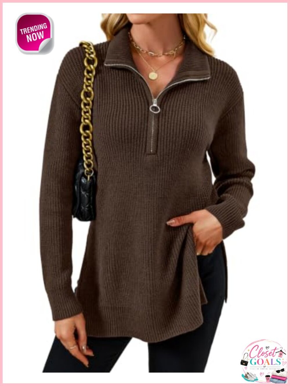 Oversized Quarter Zip Chunky Knit Tunic Sweater with Side Slits